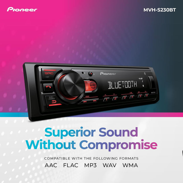 Pioneer MVH-S230BT 1-Din Digital Media Receiver – Bluetooth, USB, 50W X 4 Output, AM/FM Radio, Iphone/Android Compatible, Front/Sw (Mono) Selectable RCA Output