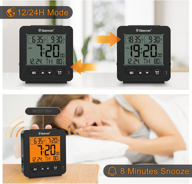 Geevon Smart Night Light Small Digital Alarm Clock with 2 Increasing Beep Alarm, Indoor Temperature, Battery Operated Travel Clock for Bedroom, Bedside, Desk(Black)