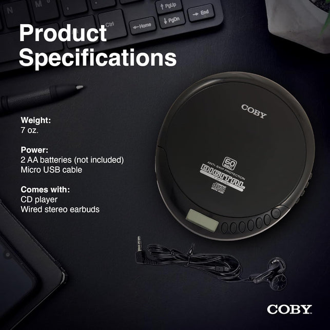 Coby Portable CD Player with Headphones, FM Radio and MP3 Compatible, LCD Display, 60-Second Anti-Skip Protection, Shockproof Design for Easy Travel, Includes Micro USB Cable for Charging