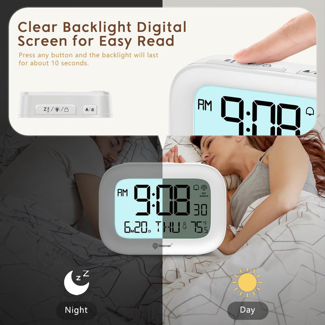 Geevon Small Digital Atomic Alarm Clock for Bedroom, Portable Battery Operated Travel Desk Clock for Heavy Sleepers, with 10S Backlight, Temperature, 3 Inch Display, White