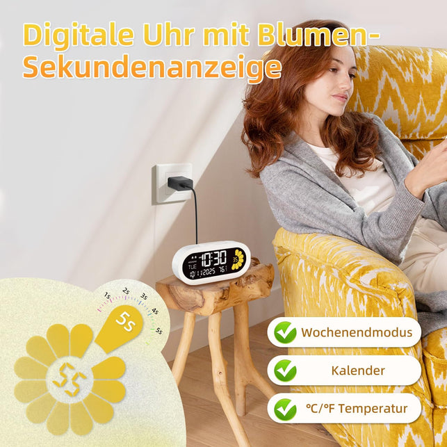 DOOMAY Digital Alarm Clock for Bedroom: Dual Alarm Bedside Clock VA LCD Display with Seconds, 9-Minute Snooze and Weekend Mode, 3 Brightness, 4 Alarms and 3 Volume Levels，Type C & Battery Included