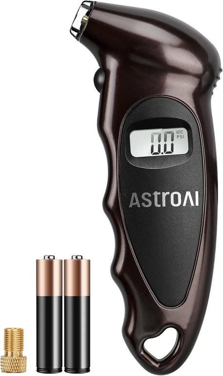 Astroai Digital Tire Pressure Gauge with Replaceable AAA Battery, 150 PSI 4 Settings Stocking Stuffers for Car Truck Bicycle Backlit LCD Non-Slip Grip Car Accessories, Brown