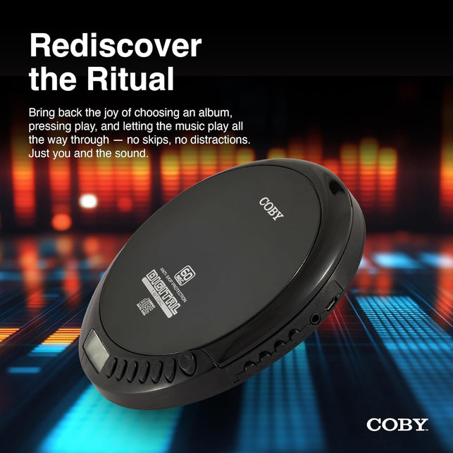 Coby Portable CD Player with Headphones, FM Radio and MP3 Compatible, LCD Display, 60-Second Anti-Skip Protection, Shockproof Design for Easy Travel, Includes Micro USB Cable for Charging