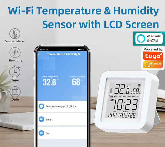 Smart Wifi Temperature Humidity Monitor: TUYA Wireless Temperature Humidity Sensor with APP Notification Alerts, Wifi Thermometer Hygrometer for Home Pet Garage,Compatible with Alexa