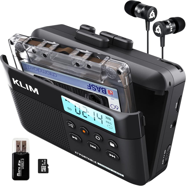 KLIM K7 Cassette Tape Player + Cassette to MP3 Converter + Portable Cassette Player + Walkman Cassette Player + Built-In Microphone & Speaker + Rechargeable Battery + Earphones + 16GB SD Card