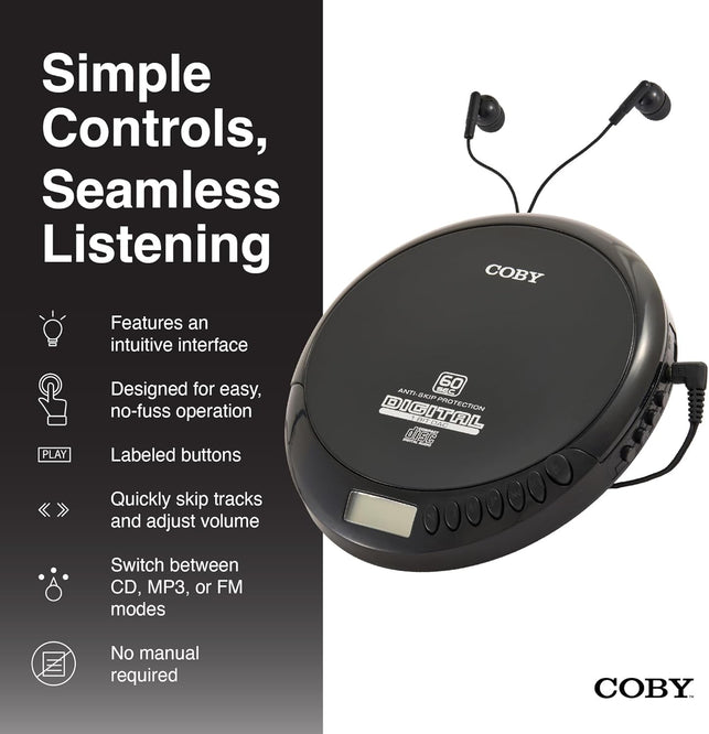 Coby Portable CD Player with Headphones, FM Radio and MP3 Compatible, LCD Display, 60-Second Anti-Skip Protection, Shockproof Design for Easy Travel, Includes Micro USB Cable for Charging
