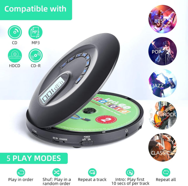 CD Player Portable, Rechargeable Portable CD Player for Car and Travel, Small CD Player with Headphone and Anti-Skip/Shockproof, Personal CD Player with LCD Display, AUX Cable, Backlight