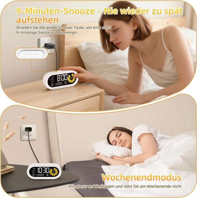 DOOMAY Digital Alarm Clock for Bedroom: Dual Alarm Bedside Clock VA LCD Display with Seconds, 9-Minute Snooze and Weekend Mode, 3 Brightness, 4 Alarms and 3 Volume Levels，Type C & Battery Included