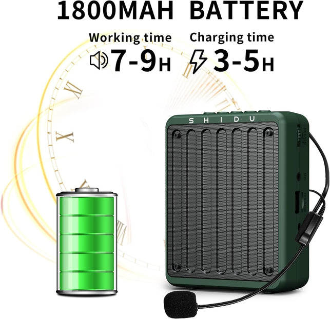 SHIDU Wireless Voice Amplifier for Teachers with Bluetooth Headset Microphone Portable PA System for Tour Guides Coaches Yoga Fitness Instructors (Green)