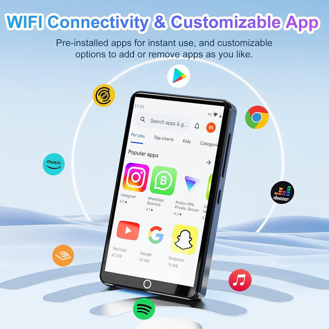 MP3 Player with Bluetooth and Wifi, 80GB MP4 Player with Camera, 4.02" HD Touchscreen Android MP3 Player with Spotify, Audible, Amazon Music, Deezer, Music Player with Speaker, FM Radio, up to 512GB