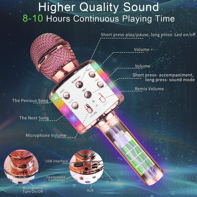 Wireless Bluetooth Karaoke Microphone with Controllable LED Lights, Xkey 4 in 1 Portable Karaoke Machine Speaker for Android/Iphone/Pc, Best Gifts Toys for Girls & Boys (Rose Gold)