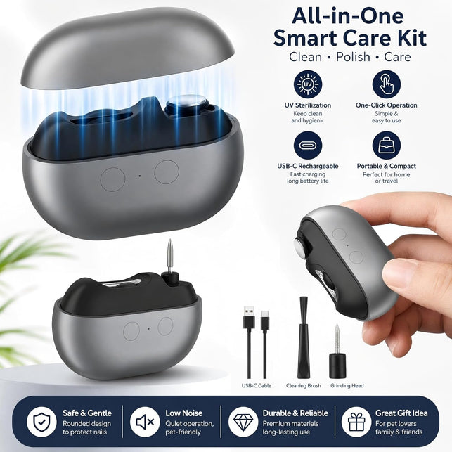 3-In-1 Electric Nail Clipper with LED Light, 2 Speeds, Gray