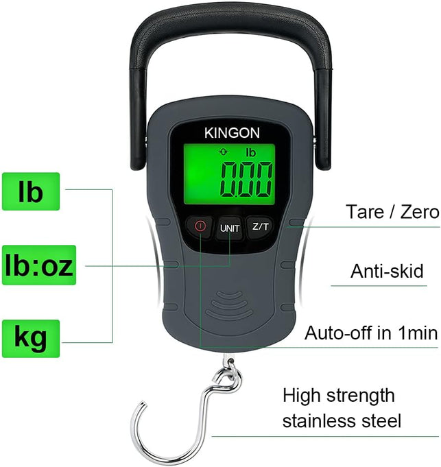 Digital Hanging Luggage Scale with Comfortable Handle and Large Hook, 110Lb/50Kg, Backlit Portable Scale for Travel Fishing with Tare/Hold Function, AAA Batteries Included, Grey