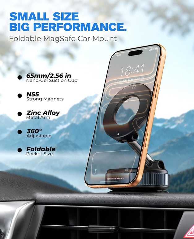 Jononser Magnetic Suction Cup Phone Mount for Magsafe, 360° Adjustable Magnetic Car Phone Holder, Pocket Size Foldable Car Mount, Cell Phone Holders for Your Car for Iphone 17 16 15 14 13 12 Series