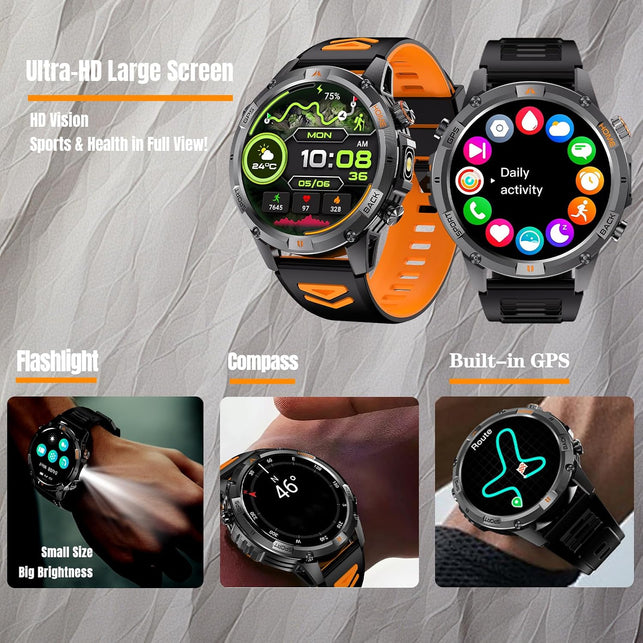 Bostbo Military Smart Watch,1.46" IPS Screen,Bluetooth Call, Smart Watches for Men,100+ Sport Modes for Men,Ip68 Waterproof，Compass with Flashlight Compatible with Ios & Android, Built-In GPS