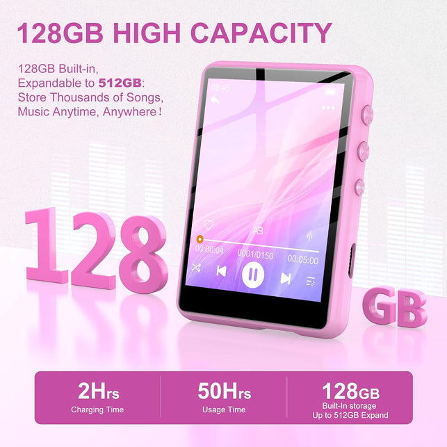 128GB MP3 Player with Bluetooth 5.4 - SWOFY M4 Portable Music Player with Hifi Speaker, 2.4" Touch Screen with Voice Recorder, FM Radio,E-Book, Support up to 512GB SD Card Earphones Included Pink