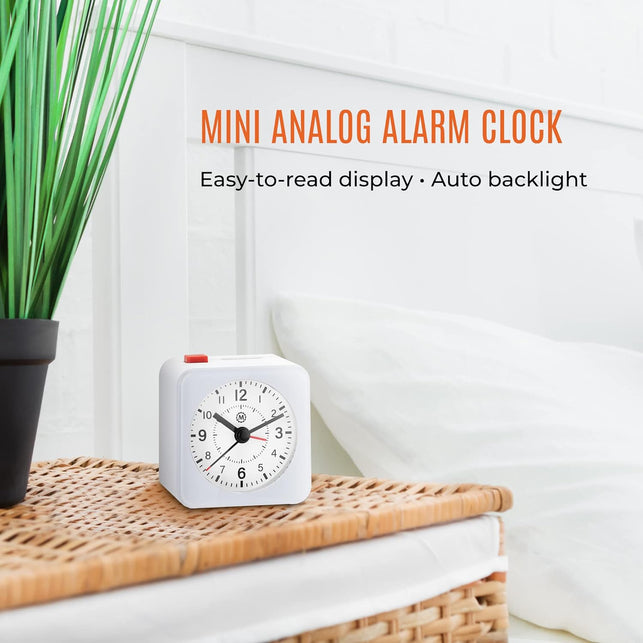 MARATHON Mini Non-Ticking Analog Alarm Clock with Auto Blacklight, White/White - Silent Smooth Sweep - Alarm & Snooze Functions - Two AAA Batteries Included