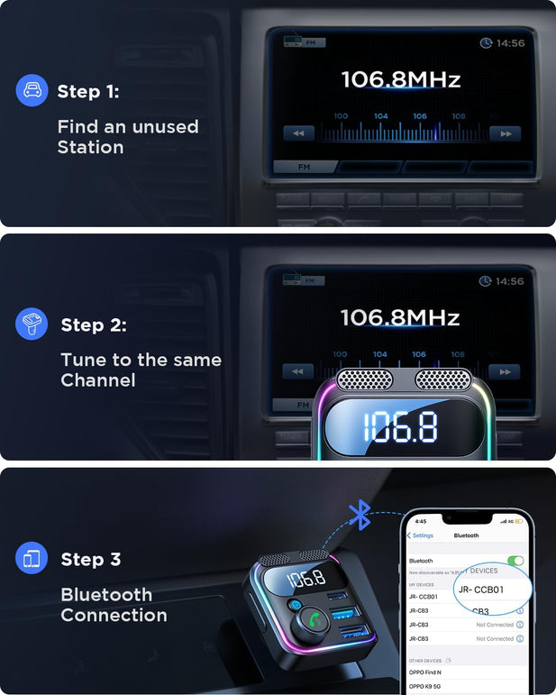 JOYROOM Bluetooth 5.3 FM Transmitter Car Adapter, [Stronger Dual Mics & Hifi Deep Bass Sound], 48W PD&QC3.0 USB C Car Charger Cigarette Lighter Adapter, Hands-Free Calling Radio Stereo Receiver