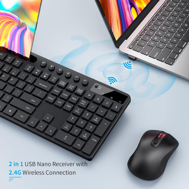 Wireless Keyboard and Mouse Combo, MARVO 2.4G Ergonomic Wireless Computer Keyboard with Phone Tablet Holder, Silent Mouse with 6 Button, Compatible with Macbook, Windows (Black)