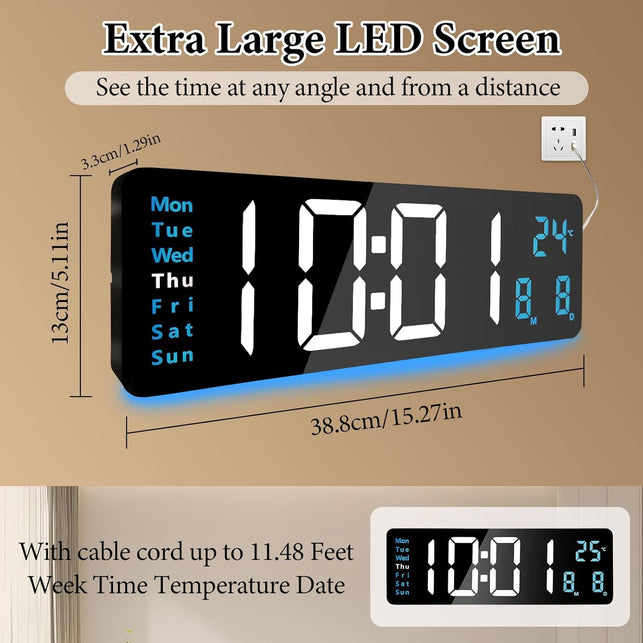 Oolong 16 Inch Large Digital Wall Clock,Led Display with Remote,8 RGB Ambient Light,10-Level Auto & Manual Dimmer,Countdown Timer,Temperature Date,12/24H for Living Room Bedroom Kitchen Seniors Kids