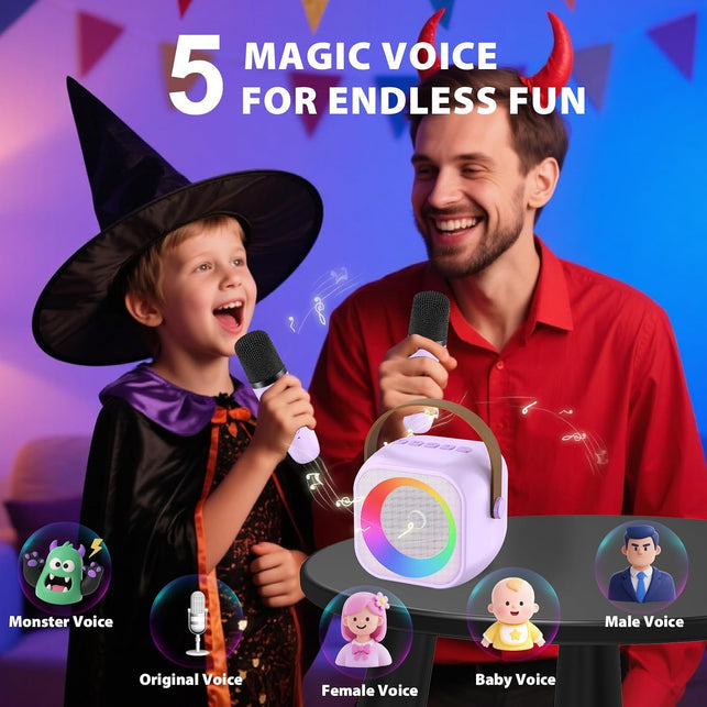Mini Karaoke Machine for Kids Adults, Portable Bluetooth Speaker with 2 Wireless Microphones, Microphone and Speaker Set with Disco Light for Home Party Christmas Birthday Purple