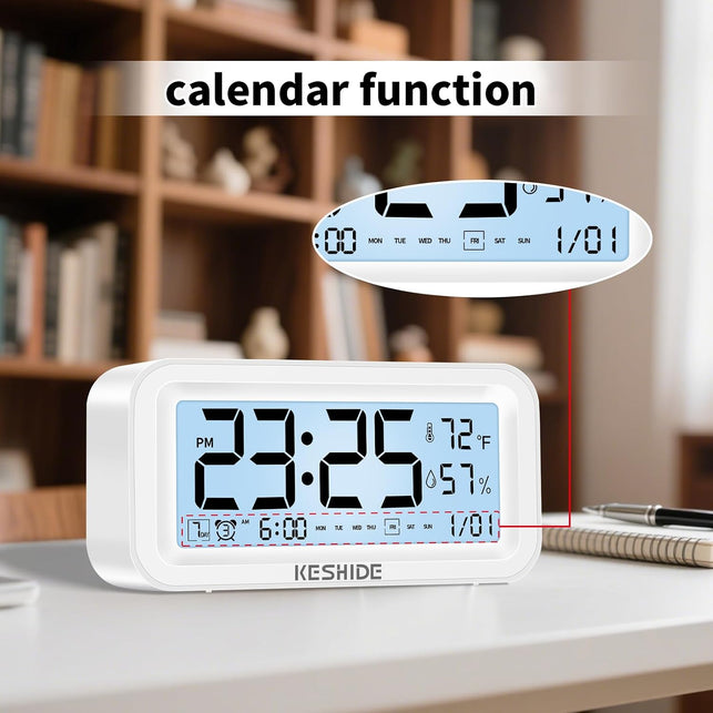 Night Light Digital Alarm Clock Battery Operated with Indoor Temperature Humidity, Desk Small Clock,Snooze Model,12/24H Display for Bedrooms Heavy Sleepers Kids Travel Bathroom (White)
