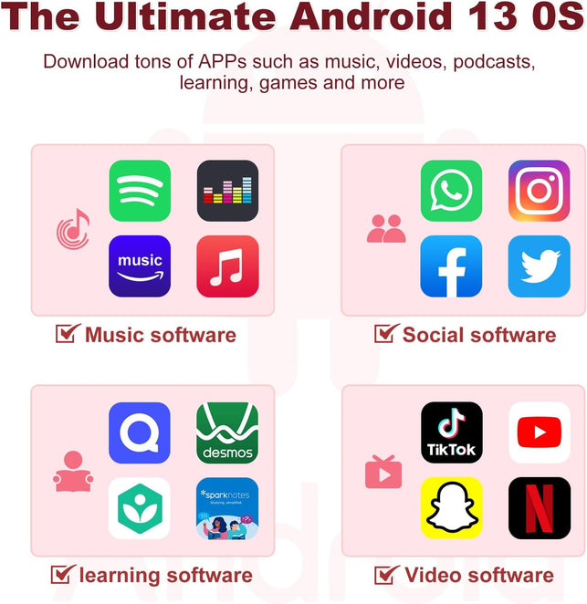 Android 13 MP3 Player with Bluetooth Wifi, MP3 & MP4 Players with 4" Touchscreen and Speaker, MP3 Music Players with Spotify, Audible, Amazon Music, Play Store (16GB, Pink)