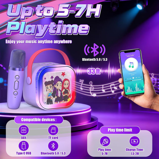 Mini Karaoke Machine for Kids Ages 3-12: Portable Bluetooth Speaker with 2 Wireless Microphone, LED Light Show for Kids 3 4 5 6 7 8 9 10 Year Old Girls Toys Birthday Gifts Toddler