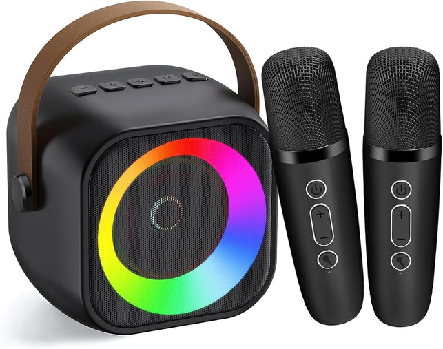 Portable Karaoke Machine with 2 Wireless Microphones, Bluetooth Speaker, Colorful LED Lights, 5 Voice Effects, Black, Perfect for Kids & Adults, Home Party
