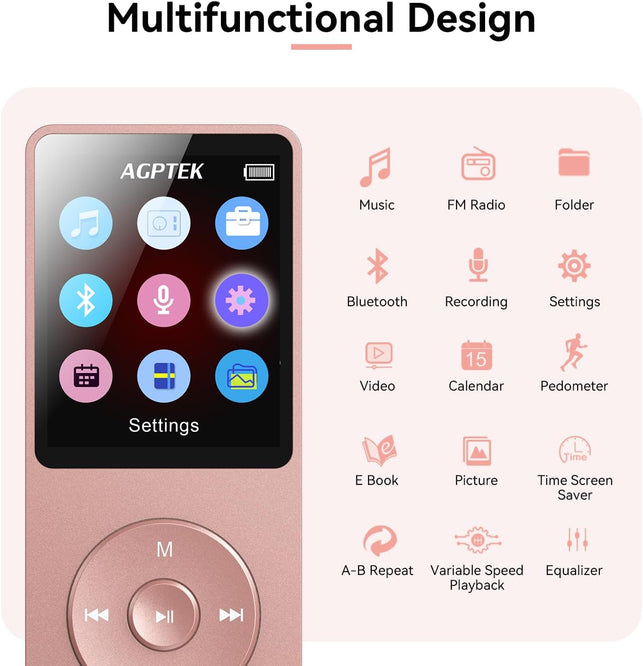 AGPTEK A02 32GB MP3 Player with Bluetooth 5.3, 1.8 Inch Screen Portable Music Player with Speaker, FM Radio, Voice Recorder, Supports Expanded up to 128GB (Rose Gold, 32GB)