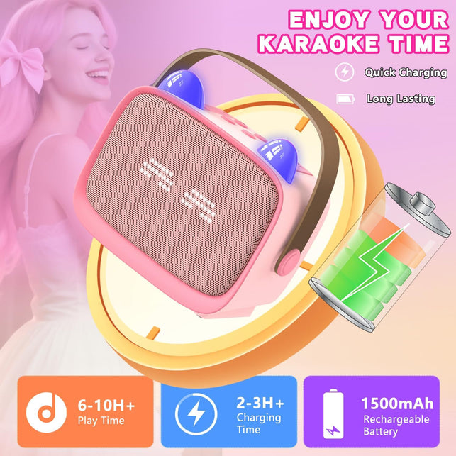 Mgaolo Upgraded Mini Karaoke Machine Toy for Kids, Portable Bluetooth Speaker with 2 Wireless Mics, Emoji & Colorful LED Lights, Home Travel & Party Play Gifts for Boys Girls (Pink)