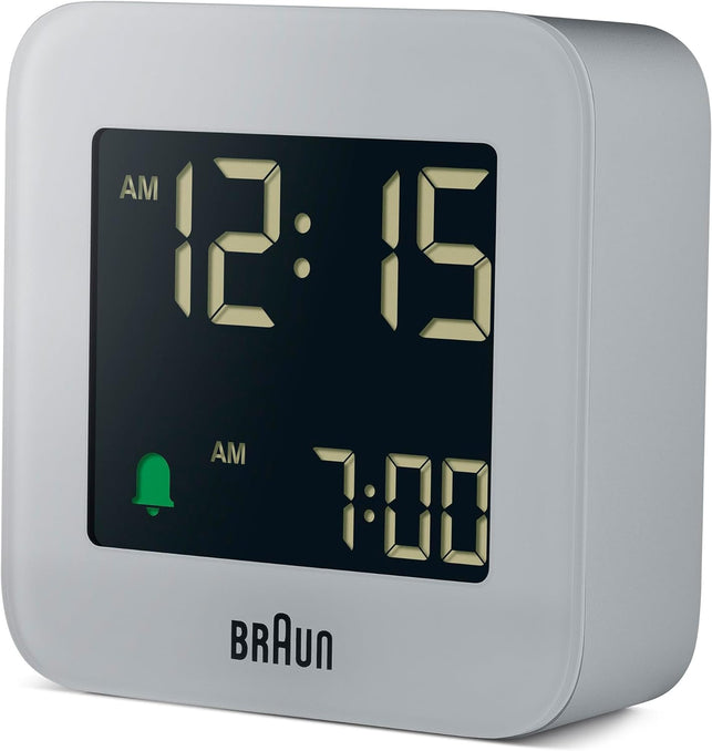 Braun Digital Travel Alarm Clock with Snooze, Compact Size, Negative LCD Display, Quick Set,Crescendo Beep Alarm in Grey, Model BC08G.