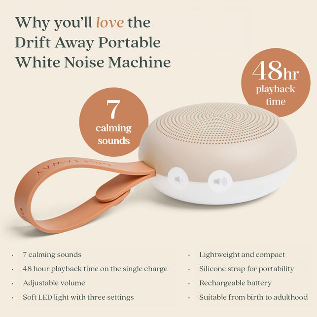 Ergopouch Drift Away Portable White Noise Machine, Taupe – 7 Soothing Sounds, Adjustable LED Light, USB Rechargeable, up to 48 Hours Battery Life – Promotes Deep, Restorative Sleep for Babies and Adults.