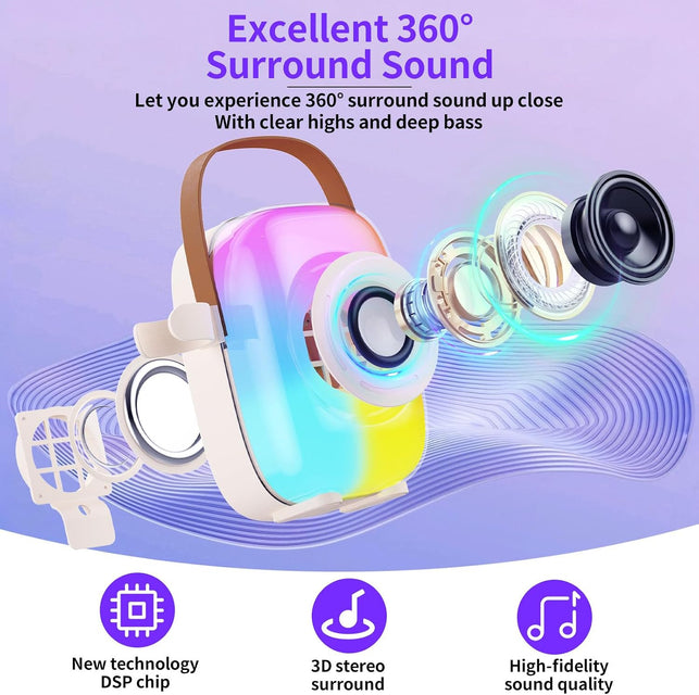 Mini Karaoke Machine for Kids Adults, Portable Bluetooth Microphone Singing Speaker Karaoke Player 5 Sound Effects with 2 Wireless Mic and Stand Birthday Gifts for Girls Boys Family Home Party