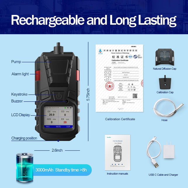Gas Detector with Pump, 4 Gas Monitor Multi Gas Detector CO EX O2 H2S Monitor, 3000Mah Rechargeable 4 Gas Monitor with Calibration Kit, Portable LCD Display with Clip Sewer Gas Detector 4 Gas Meter