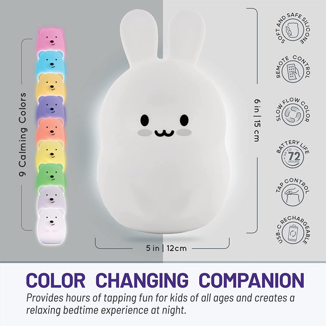 Lumipets Bunny Rabbit, Night Light, Silicone Nursery Light for Baby and Toddler, Cute Squishy Animal Night Lights for Kids, Girls and Boys, Kawaii Night Light for Bedroom