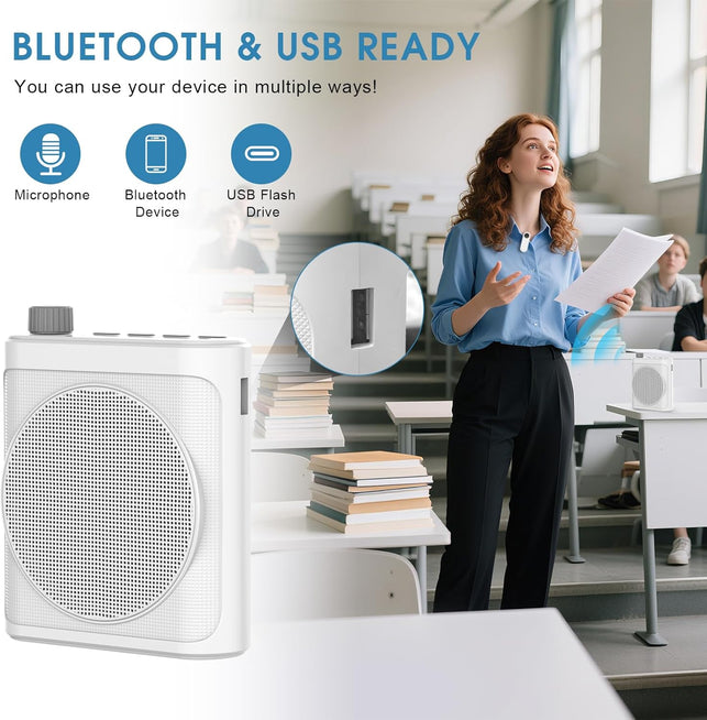 15W Wireless Voice Amplifier with 2 Magnetic Lavalier Mics & Noise Reduction - Bluetooth 5.3 PA System for Teachers, Tour Guide, Yoga - 15H Rechargeable Battery, Waist-Mount Design (White)