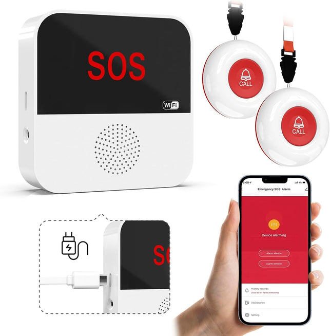 Wifi Rechargable Smart Wireless Caregiver Pager Call Button System Nurse Calling Alert System for Elderly Patient Seniors Disabled Kids 2 SOS Panic Buttons 1 Receiver (Only Supports 2.4Ghz Wi-Fi)