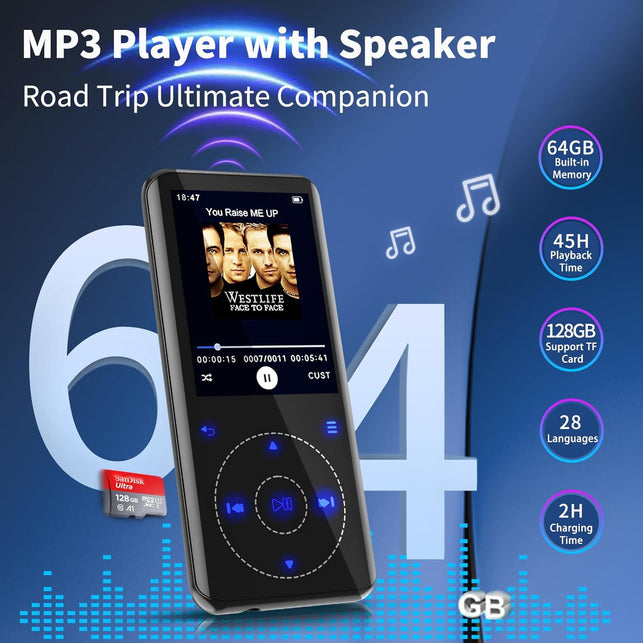 RUIZU 64GB MP3 Player with Bluetooth 5.3, 2.4-Inch Curved Screen, Sport Music Player with Speaker Built-In, FM Radio, Voice Recorder, Hifi Lossless Digital Audio Video Playback, up to 128GB TF SD Card