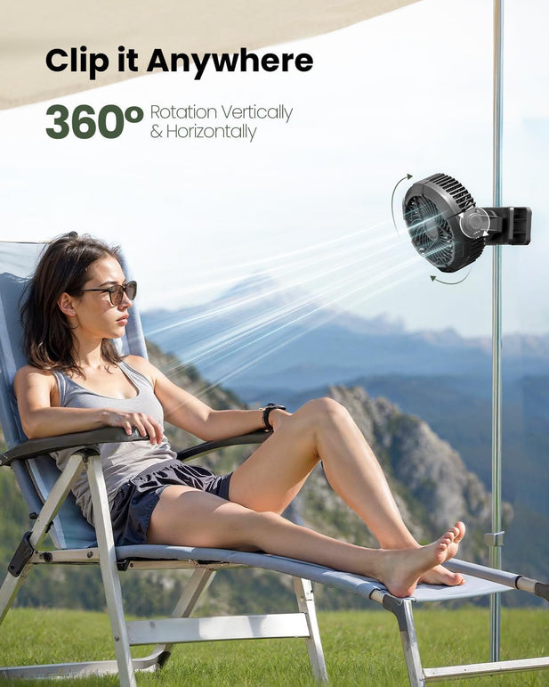 Gaiatop Portable Camping Fan with LED Lantern, 360°Rotation and Clip on for Desk, 4000Mah USB Rechargeable Battery Powered, Digital Display and Hanging Hook for Tent Outdoor Travel Black