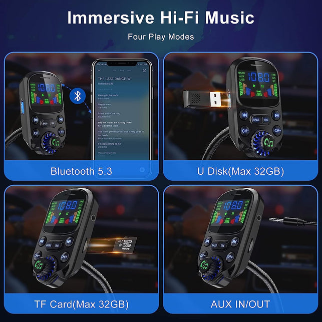 Bluetooth 5.3 FM Transmitter for Car- SOARUN Bluetooth Car Adapter PD30W & USB Port Fast Charge - Hifi Treble & Bass Player - 1.6" Display Hands-Free Calling - Car Radio with AUX Input/Output, TF Card