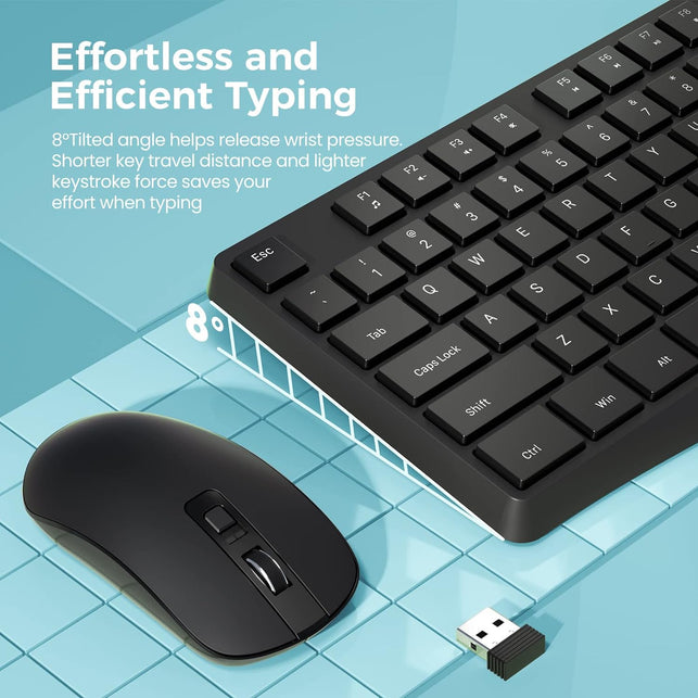 Wireless Keyboard and Mouse Combo, Lovaky 2.4G Full-Sized Ergonomic Keyboard Mouse, 3 DPI Adjustable Cordless USB Keyboard and Mouse, Quiet Click for Computer/Laptop/Windows/Mac (1 Pack, Black)