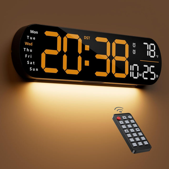 Digital Wall Clock, 14'' LED Digital Wall Clock with 9 Color Ambient Light