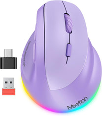 MEETION Ergonomic Mouse, Wireless Vertical Mouse RGB Backlit Rechargeable Mice for Bluetooth(5.2 + 3.0) & USB-A with USB-C Adapter 4 Adjustable DPI Compatible Mac/Windows/Andriod/Pc/Tablet/Ipad Purple