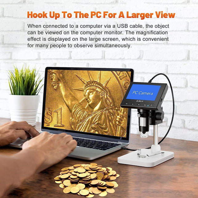 Elikliv Microscope, LCD Digital Coin Microscope 1000X, Coin Magnifier with 8 Adjustable LED Lights, PC View Compatible with Windows, EDM4, 4.3 Inch