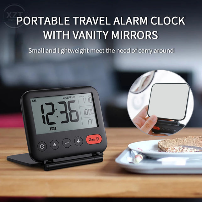 LED Digital Clamshell Folding Travel Alarm Clock Mute Calendar Electronic Backlight Table Clock Desktop Makeup Mirror Clock Gift