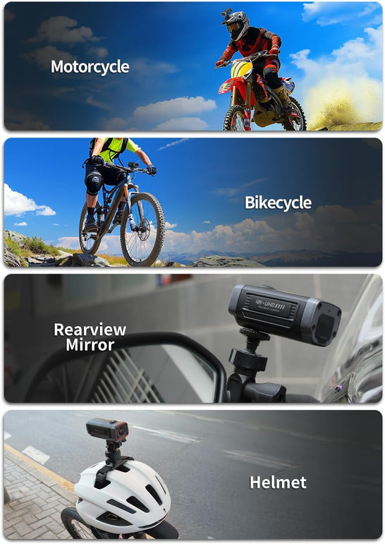 AKY-710S Motorcycle/Bike Camera 4K 28Fps, 2K 55Fps, Wide-Angle 142°, IP67, 5MP, Loop & Emergency Recording, Parking Monitor, Bicycle,Outdoor Sports, Rechargeable, 64GB Card Included