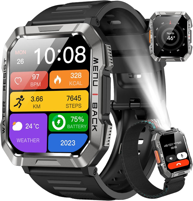 Military Smart Watch for Men(Answer/Make Call), Outdoor Sports Smartwatch with Flashlight/100 Days Battery/Compass/Heart Rate/Spo2/Sleep Monitor/2 Straps, Fitness Tracker for Iphone/Android Phones