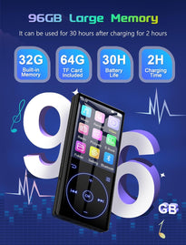 96GB MP3 Player with Bluetooth 5.0: Portable Lossless Sound Music Player with HD Speaker,2.4" Screen Voice Recorder,Fm Radio,Touch Buttons,Support up to 64GB for Sport, Earphones Included