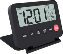 Small Digital Travel Alarm Clock Battery Operated by MMOBIEL – Portable Alarm Clock for Travel – Digital Clock, Alarm, Timer, Snooze, Date, Temperature and Backlight (Batteries Not Included) - Black